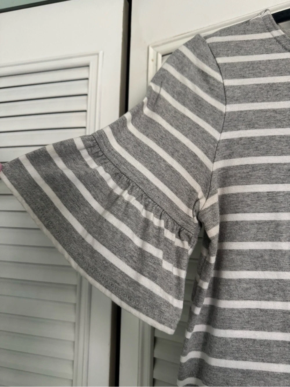 J. Crew Gray & White Striped Ruffle Sleeve Midi Dress